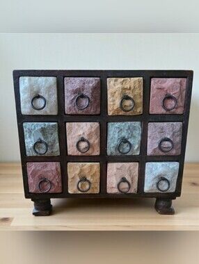 Vtg Apothecary Jewelry Trinket Chest Raw Quartz Stone & Solid Wood 12 Drawers